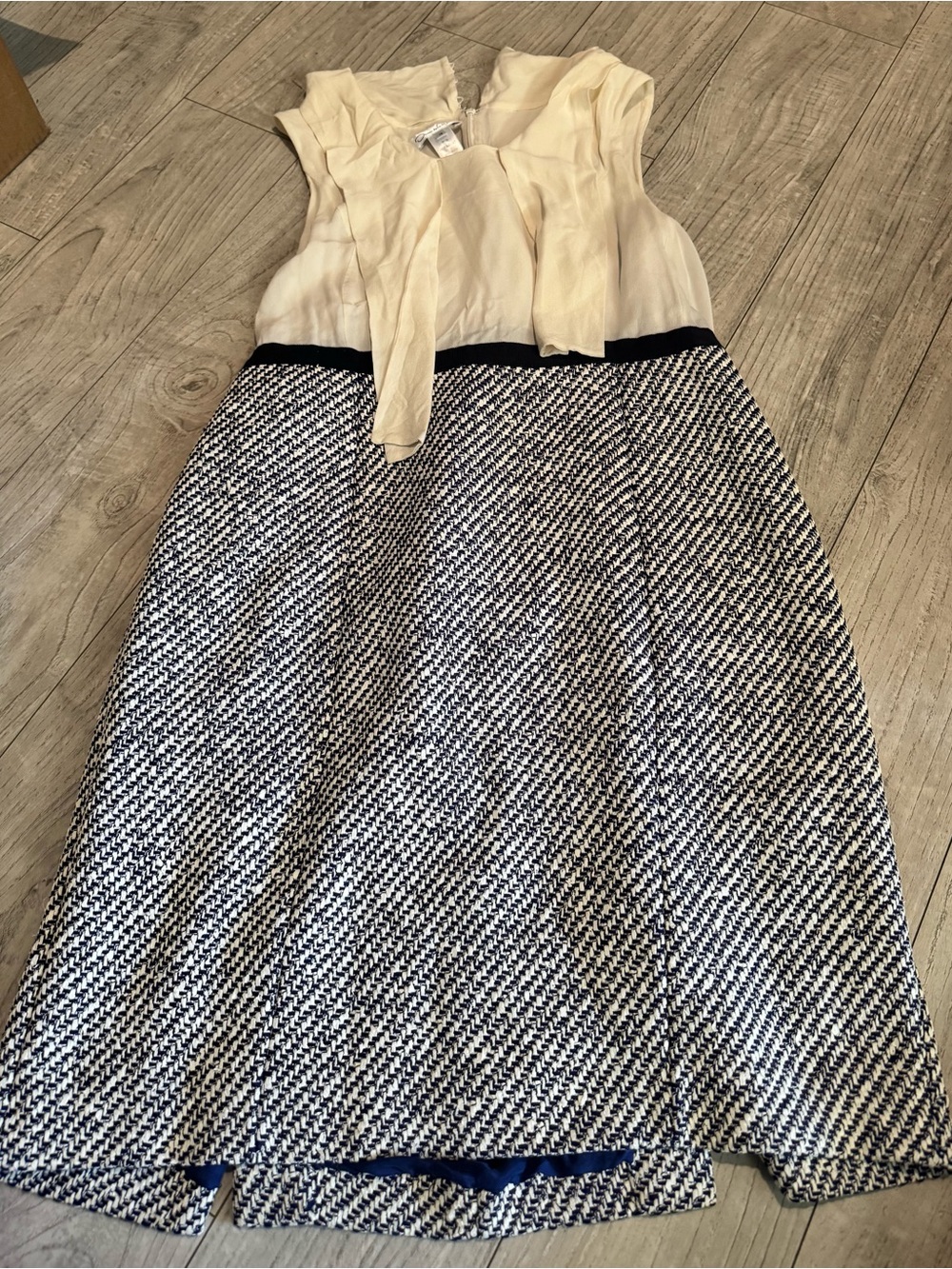 Oscar de la Renta Ivory Tie-Neck Blouse with Black & White Tweed Skirt Detail